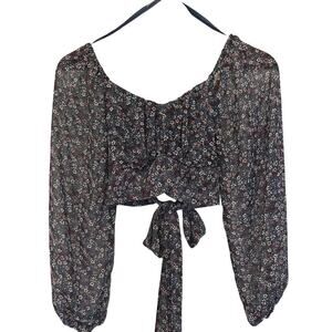 Women's Boho Floral Cropped Lace Up Bell Sleeves Top Size Small